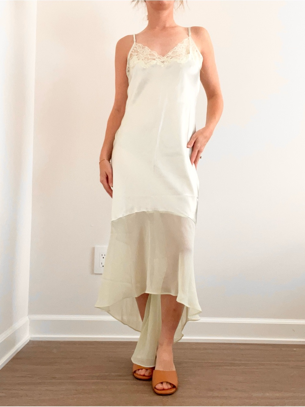 Vintage Silk Lace-Trim Slip Dress in Pale Seafoam Color